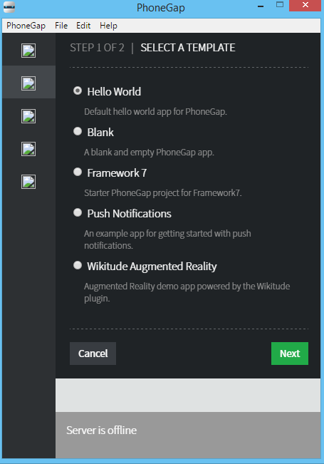 PhoneGap Desktop 0.4 : New project tab