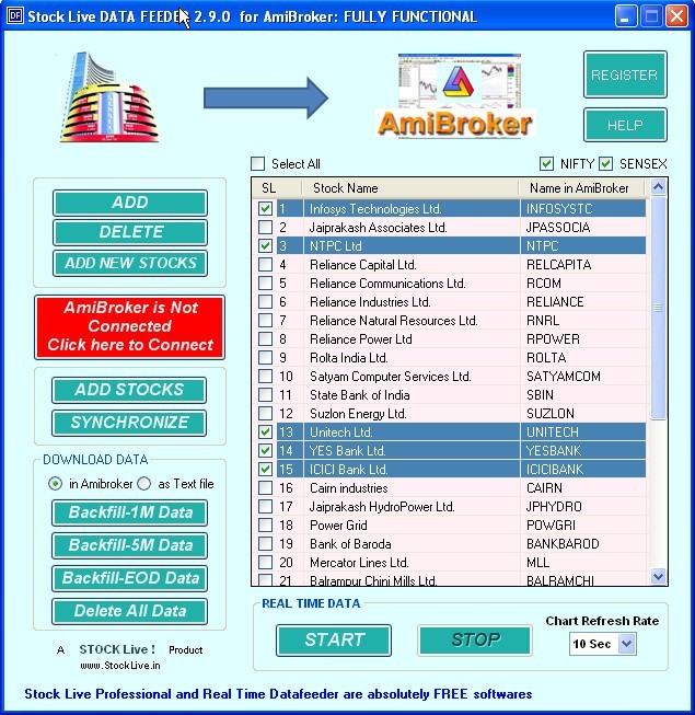 Real Time Data Feeder for AmiBroker : Main window