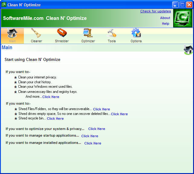 SoftwareMile Clean N' Optimize 1.0 : Main Screen