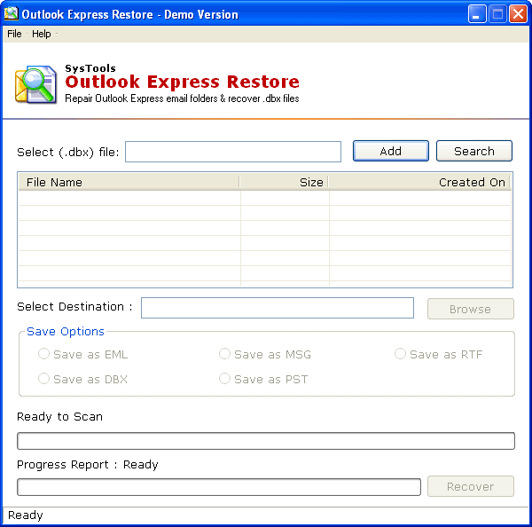 SysTools Outlook Express Restore 2.0 : User interface