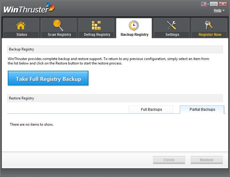 WinThruster 1.7 : Registry Backup