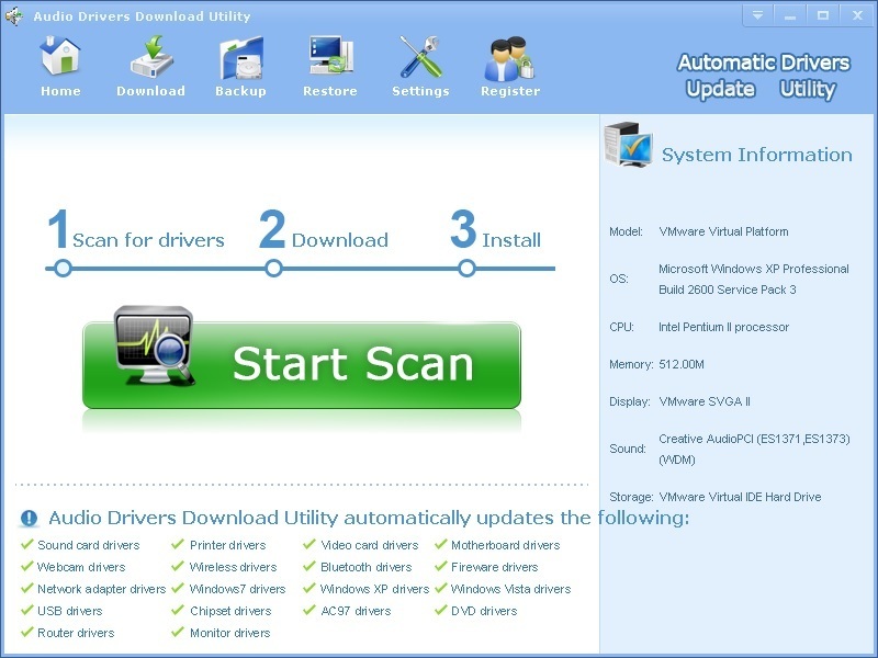 Audio Drivers Download Utility 3.5 : Main window