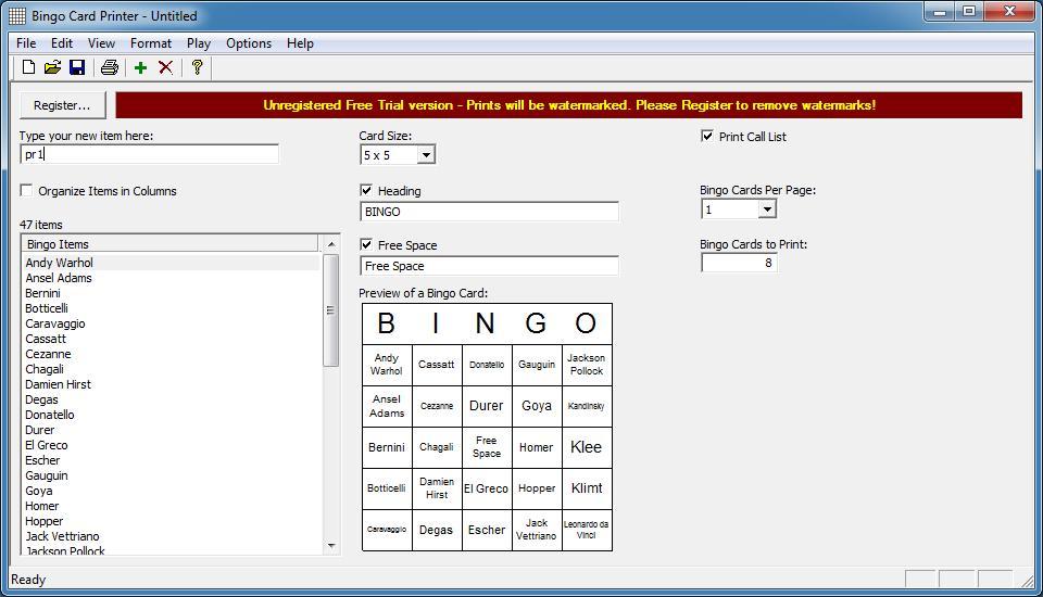 Bingo Card Printer 6.0 : Project Window
