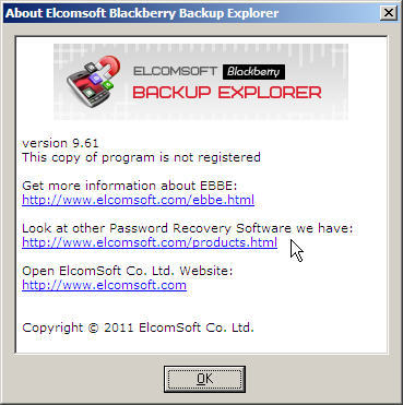 Elcomsoft Blackberry Backup Explorer 9.6 : About window