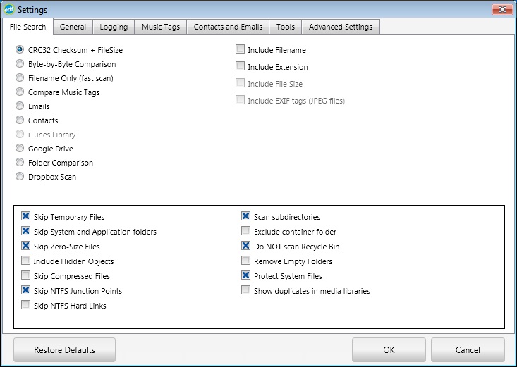 Easy Duplicate Finder 5.3 : File Search Settings