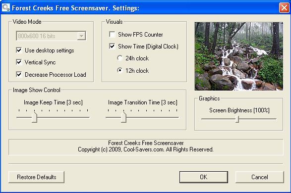 Forest Creeks Free Screensaver : Settings
