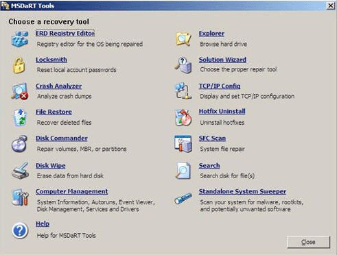 Microsoft Diagnostics and Recovery Toolset 1.0 : Main screen