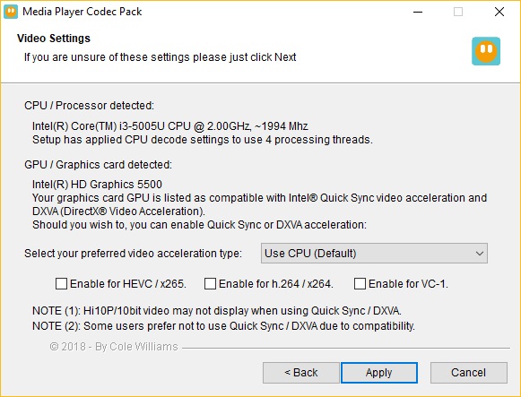 Media Player Codec Pack 4.5 : Video Output Settings