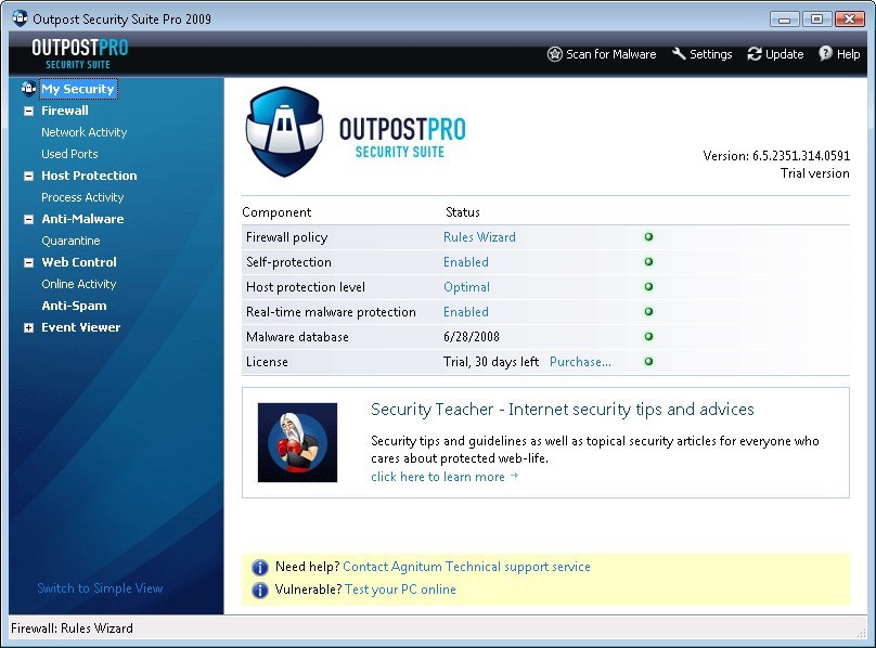 Outpost Security Suite Pro 7.5 : Main window