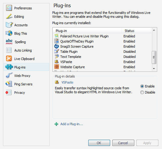 Paste from Visual Studio for Windows Live Writer 1.2 : Paste from Visual Studio for Windows Live Writer 1.2 in your Plugin List