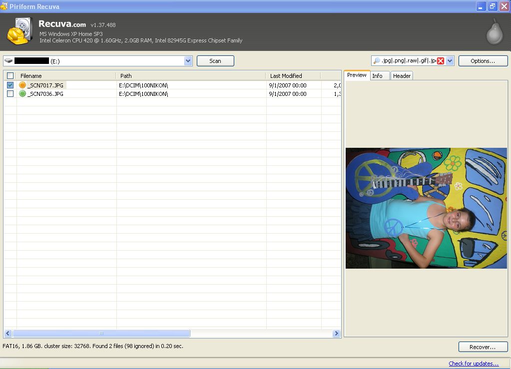 Recuva Data Recovery 1.3 : Recovering a deleted photograph