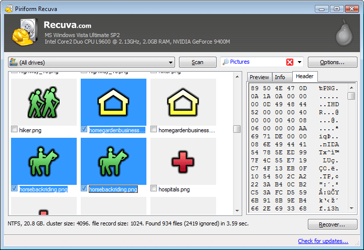 Recuva Data Recovery 1.5 : Main window
