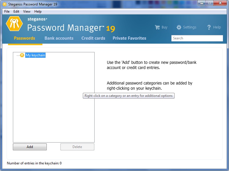 Steganos Password Manager 19.0 : Main Screen