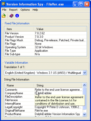 Version Information Spy 7.1 : Main window