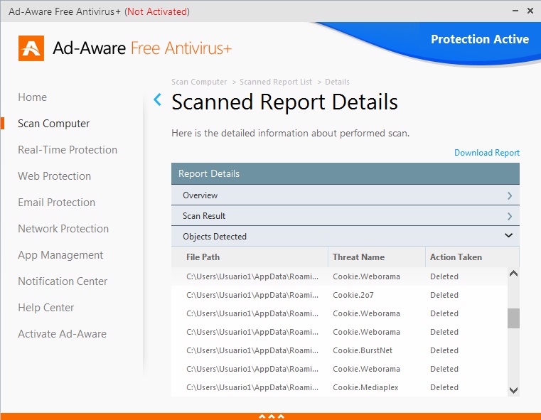 Ad-Aware Free Antivirus + 11.8 : Objects Detected