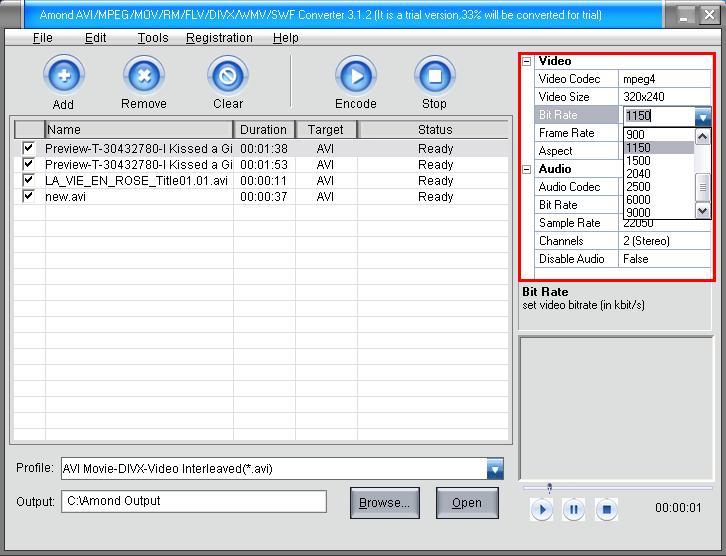 Amond AVI WMV MPEG MOV DIVX FLV XVID MP3 Video Converter 2.4 : Settings