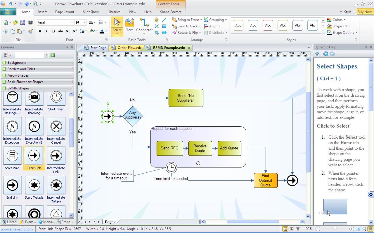 EDraw Flowchart 5.1 : Basic BPMN diagram showing stencils available.