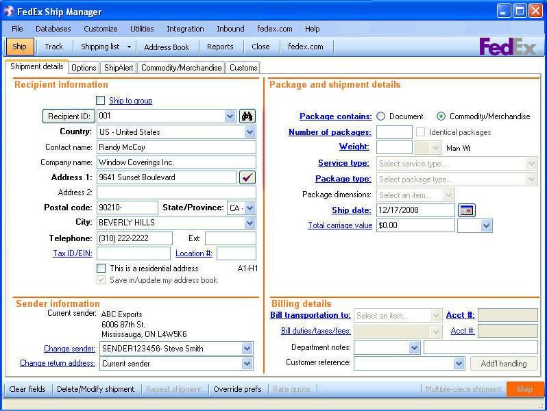 FedEx Ship Manager 27.4 : Shipment Details Window