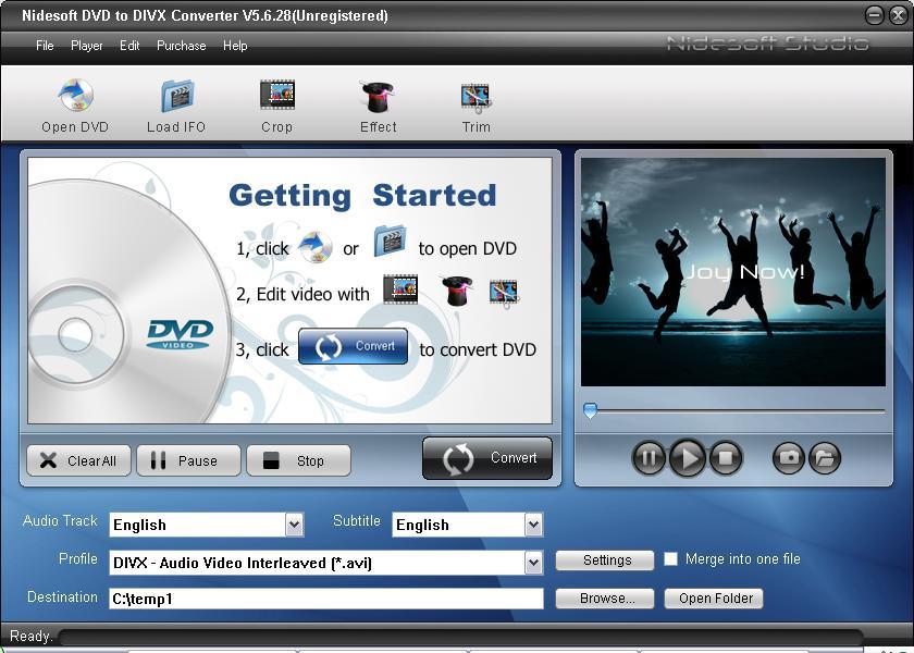 Nidesoft DVD to DIVX Converter 5.6 : Main window.