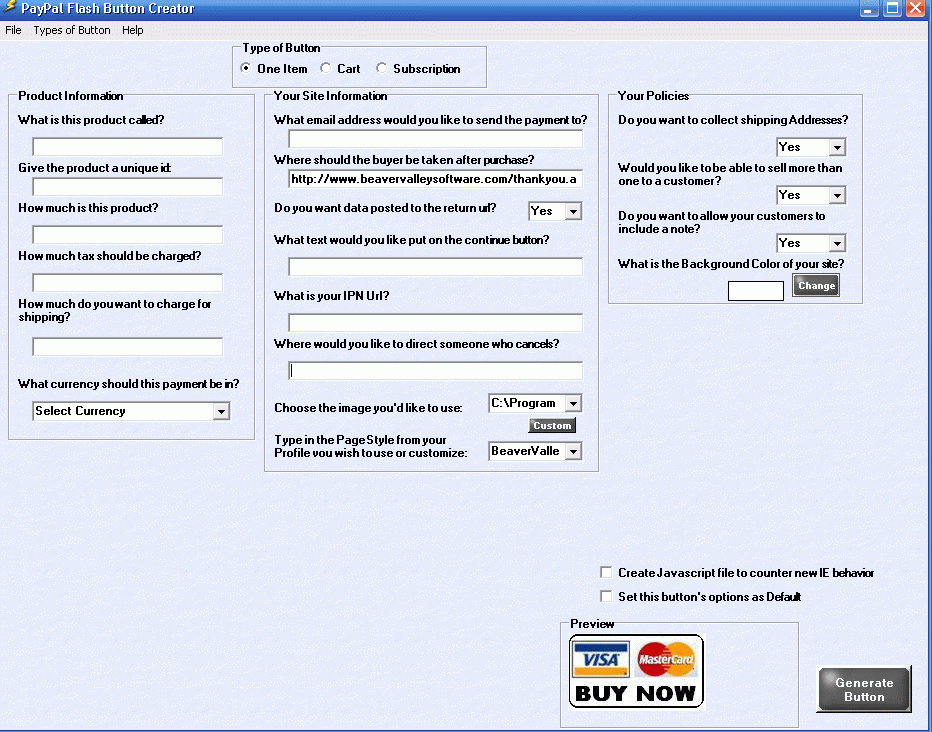 PayPal Flash Button Creator 2.0 : Main Window