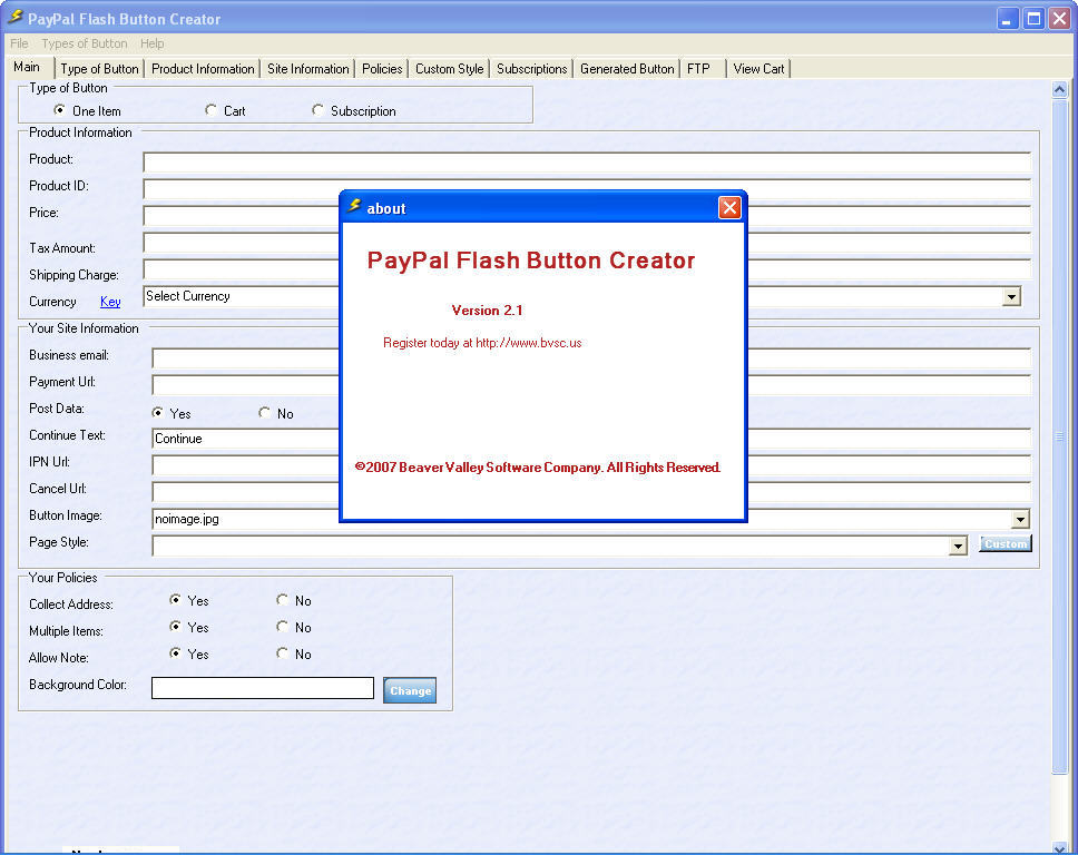 PayPal Flash Button Creator 2.1 : About screen