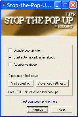 Stop-the-Pop-Up Lite 2.5 : Main Window