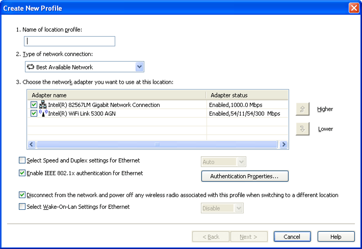 ThinkVantage Access Connections 5.3 : Creating a New Profile Showing WoL option