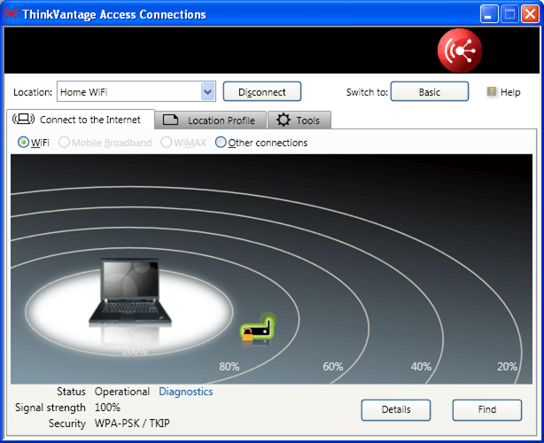 ThinkVantage Access Connections 5.3 : New opening screen showing existing setup