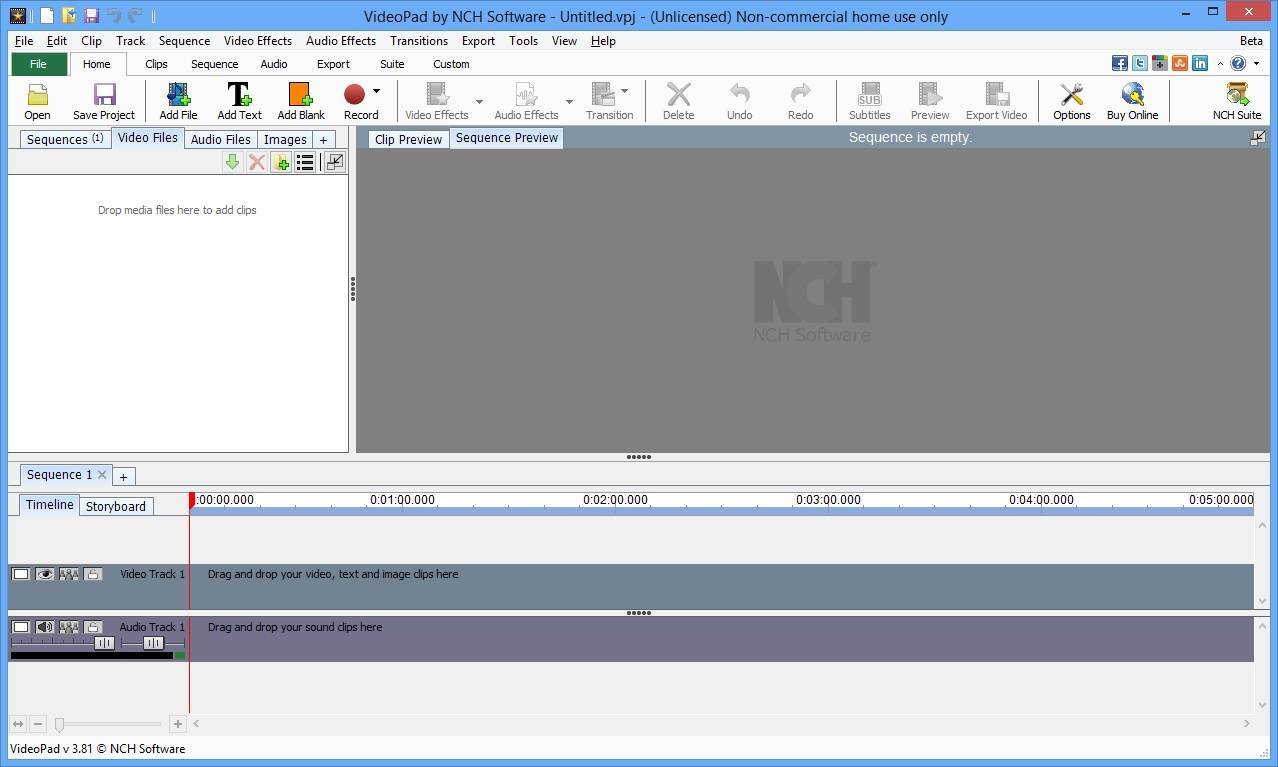 VideoPad Video Editor 3.8 : Main window