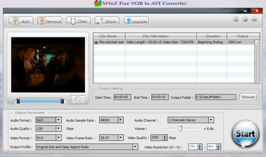 WinX Free VOB to AVI Converter 2.0 : Main window