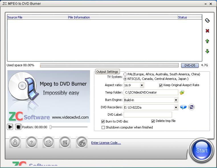 ZC MPEG to DVD Burner : Main Window