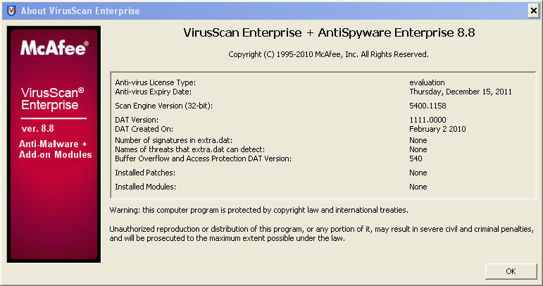 Hva er den siste versjonen av McAfee Virusscan Enterprise?