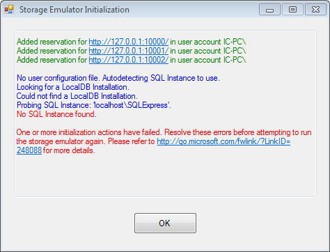 azure storage emulator requires localdb to be installed