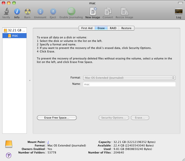 Disk Utility 11.5 : Erase Screen