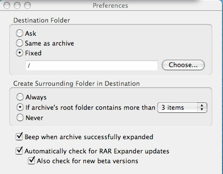 RAR Expander 0.8 beta : Preferences Window