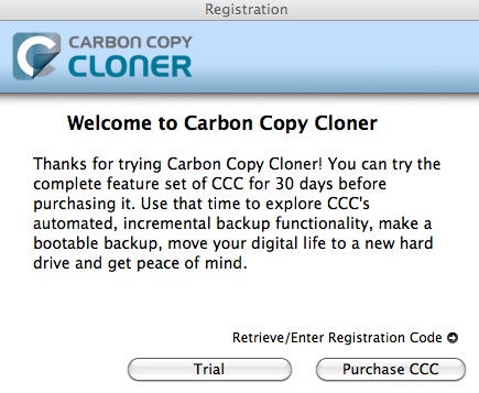 Carbon Copy Cloner 3.5 : Welcome screen