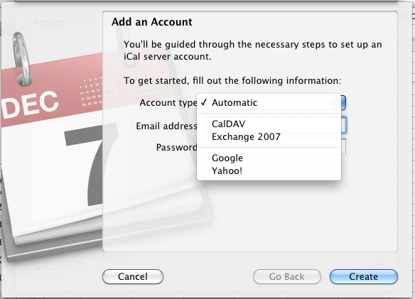 iCal 4.0 : Accounts Menu