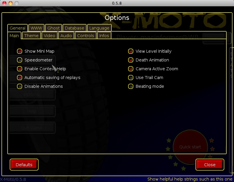 X-Moto 0.5 : Options window