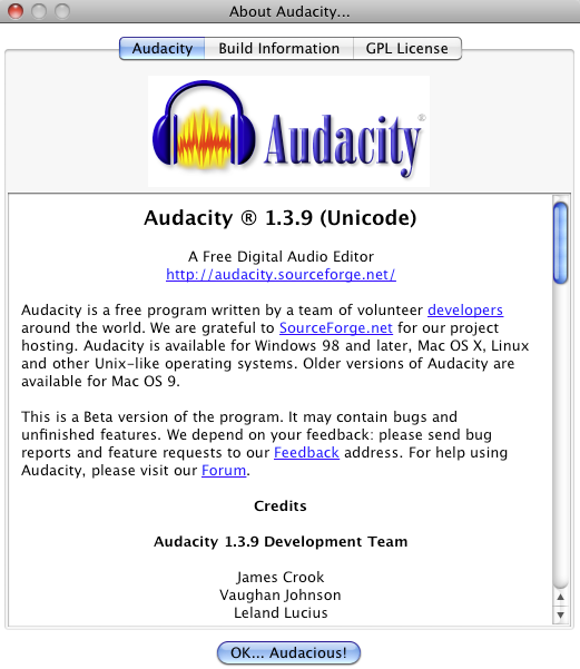 Audacity 1.3 : About window