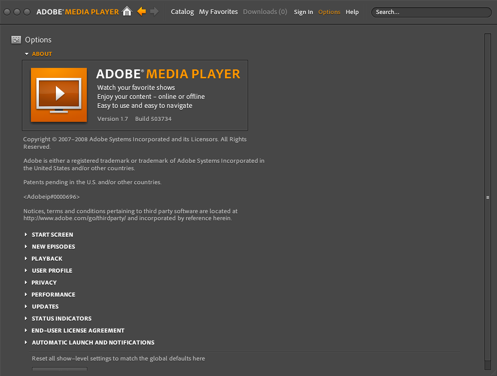 Adobe Media Player : Options
