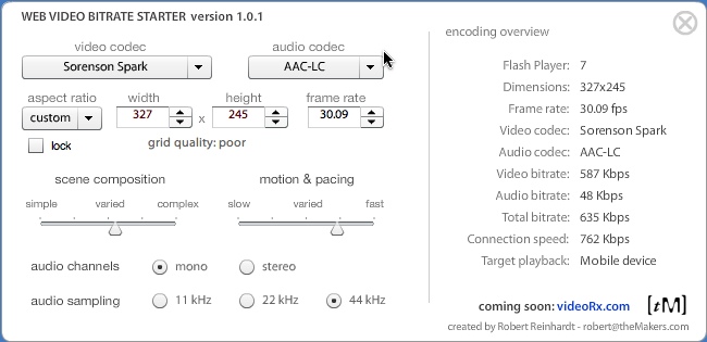 Web Video Bitrate Starter 1.0 : Main window