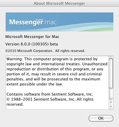 Microsoft Messenger : About window