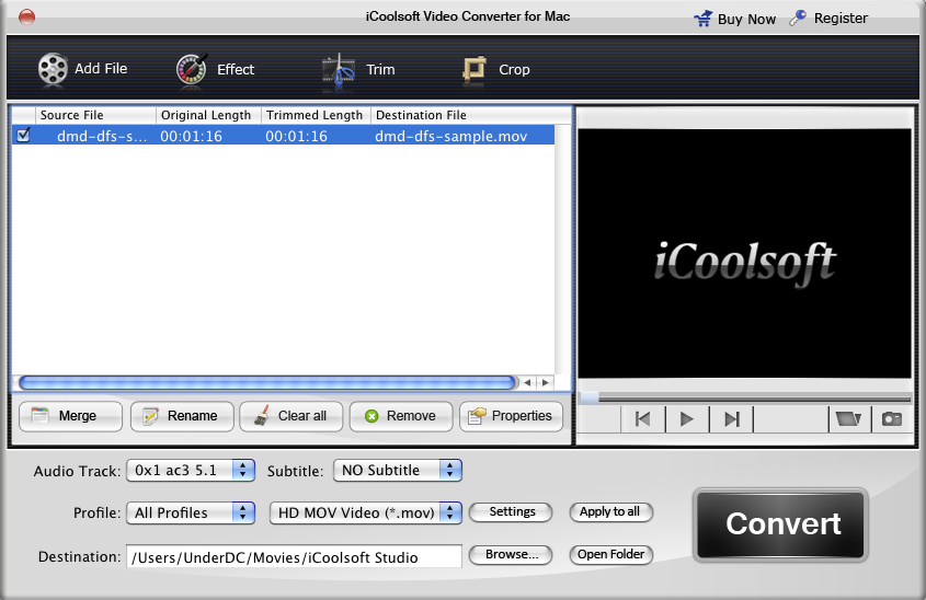 iCoolsoft Video Converter for Mac 3.1 : Main window