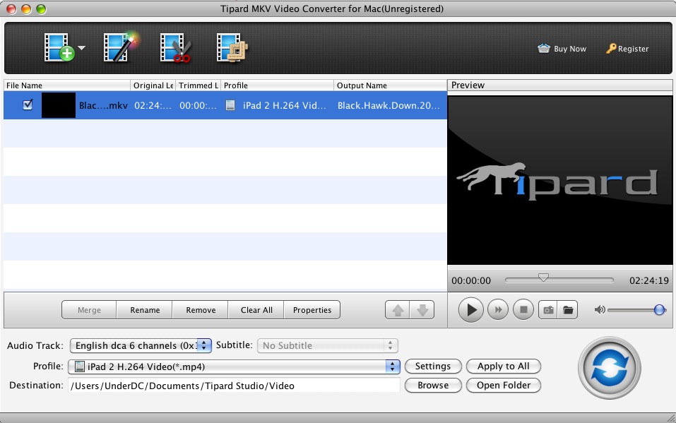 Tipard MKV Video Converter for Mac 3.6 : Main window