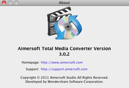 Aimersoft Total Media Converter 3.0 : About window