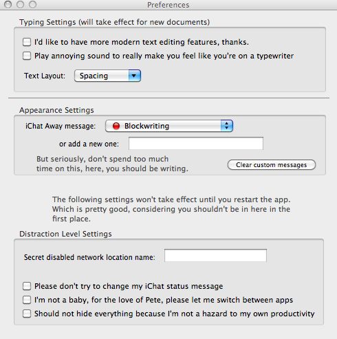 Writer 1.4 : Settings Window