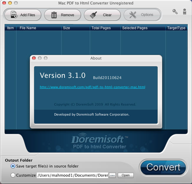 Doremisoft Mac PDF to Html Converter 3.1 : Main Window