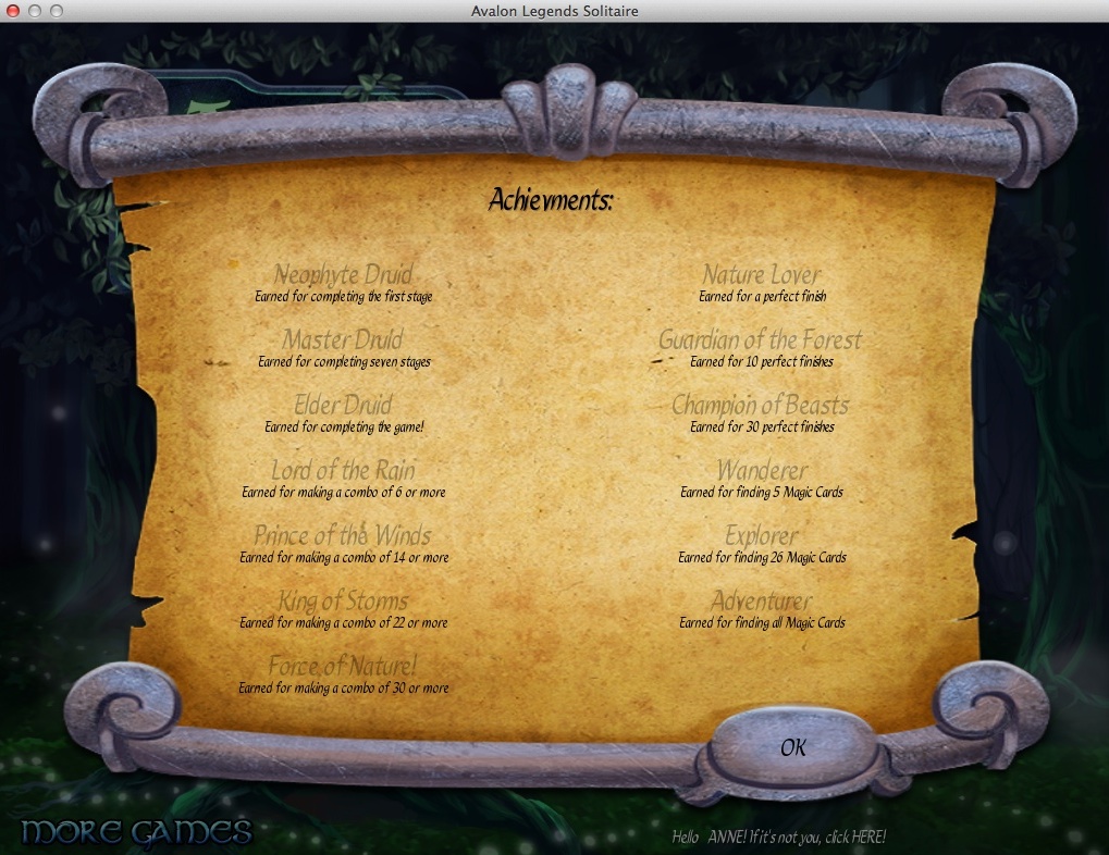 Avalon Legends Solitaire 1.0 : Achievements Window