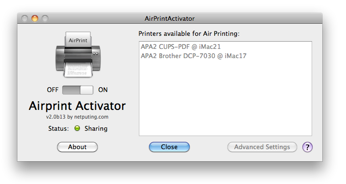 AirPrint Activator 2.0 : Main window