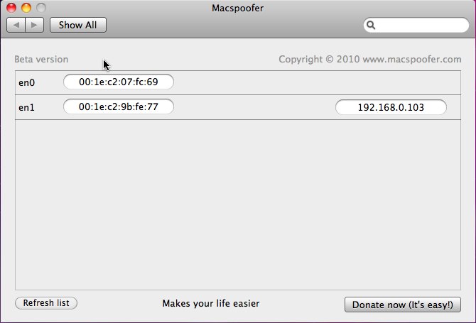 MacSpoofer 0.9 : Main window